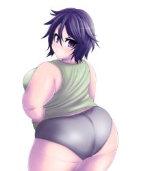 Rule 34 | &gt;:(, 1girl, ass, back, bad id, bad twitter id, bare arms, black panties, breasts, camisole, fat, from behind, frown, hand on own hip, kukuru, large breasts, looking at viewer, original, panties, pout, purple eyes, purple hair, short hair, sleeveless, solo, thighs, underwear, v-shaped eyebrows