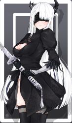 Rule 34 | 1girl, 2b (nier:automata), 2b (nier:automata) (cosplay), alternate hair color, asymmetrical horns, black blindfold, black dress, black gloves, black thighhighs, blindfold, blue hair, breasts, cleavage, cleavage cutout, clothing cutout, colored inner hair, cosplay, demon horns, dress, gloves, hair ornament, highres, holding, holding sword, holding weapon, hololive, hololive english, horns, juliet sleeves, large breasts, long hair, long sleeves, ma draws, mole, mole under eye, multicolored hair, nerissa ravencroft, nier:automata, nier (series), puffy sleeves, solo, sword, thighhighs, two-tone hair, uneven horns, virtual youtuber, weapon, white hair