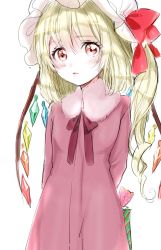 Rule 34 | 1girl, alternate costume, arms behind back, blonde hair, bow, box, coat, contemporary, flandre scarlet, gift, gift box, hat, hat bow, highres, lips, looking at viewer, mob cap, red bow, red eyes, rosette (roze-ko), side ponytail, solo, tareme, touhou, white hat, wings, winter clothes, winter coat