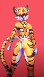 Rule 34 | 1girl, animal ears, arknights, ass, black hair, blonde hair, body markings, clenched hands, doz (cookiedoz), facing away, furry, furry female, highres, legs apart, multicolored fur, multicolored hair, nude, red background, simple background, solo, standing, striped fur, tail, tiger ears, tiger girl, tiger stripes, tiger tail, waai fu (arknights), white fur, white hair, yellow fur