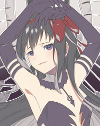 Rule 34 | 1girl, akemi homura, akuma homura, armpits, arms up, black collar, black dress, black hair, bow, collar, commentary request, dress, flat chest, fur collar, hair bow, highres, looking at viewer, mahou shoujo madoka magica, mahou shoujo madoka magica: hangyaku no monogatari, parted lips, purple eyes, red bow, smile, solo, taku hanamiyap, upper body, wings