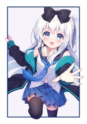 Rule 34 | 1girl, black bow, black jacket, black thighhighs, blue eyes, blue neckwear, blue skirt, blush, bow, hair bow, jacket, long hair, long sleeves, looking at viewer, navel, off shoulder, one side up, open clothes, open jacket, open mouth, original, pleated skirt, sailor collar, shirt, shoes, skirt, sleeveless, sleeveless shirt, solo, thighhighs, white background, white hair, yatsuki yura