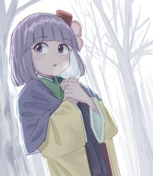 Rule 34 | 1girl, 5alive, blunt bangs, blush, breath, commentary request, dutch angle, flower, hair flower, hair ornament, hieda no akyuu, highres, japanese clothes, kimono, long sleeves, looking to the side, open mouth, own hands together, purple eyes, purple hair, short hair, simple background, solo, touhou, tree, upper body, wide sleeves