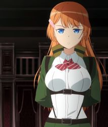 Rule 34 | 1girl, arms behind back, belt, blue eyes, breasts, female focus, hair ornament, hairclip, large breasts, long hair, looking at viewer, ootori ouka, orange hair, school uniform, screencap, solo, stitched, taimadou gakuen 35 shiken shoutai, third-party edit