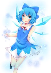 Rule 34 | 1girl, :d, adapted costume, alternate costume, arm behind back, bad id, bad pixiv id, blue eyes, blue hair, bow, cirno, hair bow, hair ribbon, highres, ice, ice wings, looking at viewer, matching hair/eyes, open mouth, ribbon, short hair, sisterakuma, smile, solo, standing, standing on one leg, touhou, wings