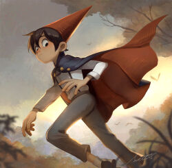 Rule 34 | 1boy, artist name, bird, brown hair, cape, closed mouth, commentary, english commentary, evening, hat, highres, long sleeves, male focus, over the garden wall, solo, stella chen yui, tree, wirt (over the garden wall)