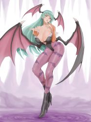 Rule 34 | 1girl, absurdres, anagumasan, animal print, ankle boots, aqua eyes, aqua hair, bare shoulders, bat print, bat wings, boots, breasts, bridal gauntlets, capcom, cleavage, clothing cutout, collarbone, commentary request, demon girl, fingernails, floating, full body, fur trim, green hair, hands on own face, head wings, heart cutout, high heels, highleg, highleg leotard, highres, large breasts, leotard, lips, long hair, looking at viewer, low wings, morrigan aensland, open mouth, pantyhose, parted lips, print pantyhose, purple pantyhose, purple wings, reaching, reaching towards viewer, ripples, simple background, solo, strapless, strapless leotard, vampire (game), water, wings