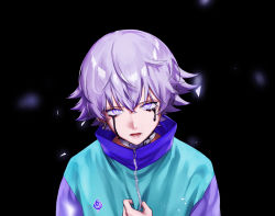 Rule 34 | 1boy, black background, blue hair, clutching chest, clutching clothes, collar, crying, crying with eyes open, highres, jacket, male focus, multicolored clothes, multicolored hair, multicolored jacket, nyamnyam0502, open mouth, paradox live, purple eyes, purple hair, solo, tearing up, tears, yatonokami nayuta