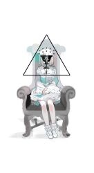 Rule 34 | 1girl, 7wata himori, covered face, dress, facing viewer, fate/prototype, fate/prototype: fragments of blue and silver, fate (series), frilled dress, frills, full body, hands on lap, highres, holy grail (fate), inverted pentagram, limited palette, on chair, sajou manaka, short hair, simple background, sitting, solo, white background, white footwear