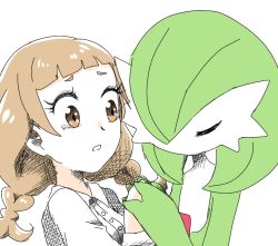 Rule 34 | 2girls, bad id, bad pixiv id, blunt bangs, bob cut, braid, breasts, brown eyes, brown hair, closed eyes, collared shirt, colored skin, creatures (company), female focus, flat chest, from side, game freak, gardevoir, gen 3 pokemon, green hair, green skin, hair over one eye, hands up, holding hands, long hair, long sleeves, looking at another, matching hair/eyes, muguet, multicolored skin, multiple girls, nintendo, original, pokemon, pokemon (creature), sad, shirt, short hair, sidelocks, simple background, sketch, small breasts, tears, twin braids, two-tone skin, white background, white shirt, white skin, wide-eyed, yuri