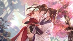 Rule 34 | 1boy, 1girl, bare shoulders, brown hair, building, chen pu, chi lian (qin shi ming yue), dress, eyeshadow, face-to-face, fingering gesture, hair ornament, hand on own hip, highres, light rays, long hair, makeup, qinshi mingyue, red dress, sash, sky, smile, third-party source, tree, upper body