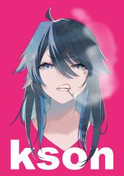 Rule 34 | 1girl, absurdres, ahoge, black hair, blue eyes, blue hair, character name, cigarette, hair between eyes, highres, indie virtual youtuber, isuka, kson, looking at viewer, mole, mole under eye, mouth hold, multicolored hair, portrait, smoke, smoking, solo, souchou, streaked hair, v-shaped eyebrows, virtual youtuber