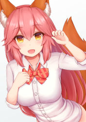 Rule 34 | 10s, 1girl, :d, animal ears, bad id, bad pixiv id, blush, bow, bowtie, breasts, fang, fate/extra, fate (series), fox ears, fox tail, highres, large breasts, long hair, looking at viewer, open mouth, pink hair, rachione, shirt, smile, solo, striped bow, striped bowtie, striped clothes, striped neckwear, tail, tamamo no mae (fate/extra), white shirt, yellow eyes