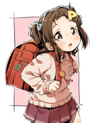 Rule 34 | 1girl, artist self-insert, backpack, bag, blue bow, blush, bow, brown eyes, brown hair, brown skirt, brown sweater, collared shirt, commentary request, crime prevention buzzer, forehead, hair bow, hair ornament, hairclip, highres, long sleeves, looking at viewer, open mouth, original, pink background, pleated skirt, puffy long sleeves, puffy sleeves, randoseru, shirt, skirt, sleeves past wrists, solo, sweater, two-tone background, two side up, white background, white shirt, yukie (kusaka shi)