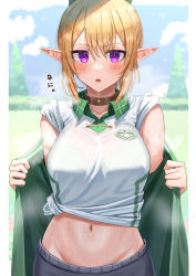 Rule 34 | 1girl, absurdres, blonde hair, blush, breasts, chloe (princess connect!), chloe (school festival) (princess connect!), choker, collared shirt, contemporary, elf, gym uniform, highres, looking at viewer, midriff, ooeyama, open mouth, outdoors, pants, pointy ears, ponytail, princess connect!, purple eyes, removing jacket, shirt, sky, sleeves rolled up, solo, sweat, sweaty clothes, tied shirt, tree