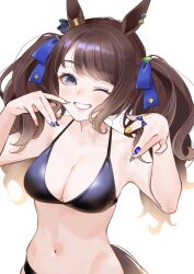Rule 34 | 1girl, absurdres, animal ears, bikini, blue eyes, blush, breasts, brown hair, cleavage, commentary request, fingernails, grin, highres, horse ears, horse girl, horse tail, looking at viewer, medium breasts, medium hair, navel, simple background, smile, solo, swimsuit, tail, tosen jordan (umamusume), twintails, umamusume, white background, white eyes (20220506white)