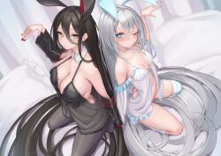 Rule 34 | 2girls, absurdly long hair, absurdres, animal ears, babydoll, back-to-back, bed sheet, black babydoll, black hair, blue nails, breasts, closed mouth, collarbone, detached collar, fake animal ears, frills, from above, grey eyes, grey hair, hand up, highres, kneeling, large breasts, long hair, looking at viewer, multiple girls, one eye closed, original, pantyhose, pillow, rabbit ears, red nails, reinama, romaji commentary, small breasts, thighs, underwear, underwear only, very long hair, white babydoll, yellow eyes