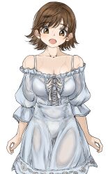 Rule 34 | 1girl, :o, blush, breasts, brown hair, cleavage, collarbone, cross-laced clothes, cross-laced dress, dress, gatsby ssl, head tilt, highres, honda mio, idolmaster, idolmaster cinderella girls, looking at viewer, medium breasts, off-shoulder dress, off shoulder, simple background, solo, sweatdrop, wet, wet clothes, wet dress, white background, white dress