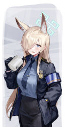 Rule 34 | 1girl, absurdres, animal ear fluff, animal ears, armband, black gloves, blonde hair, blue archive, blue eyes, blue halo, blue necktie, blue shirt, blush, breasts, clenched teeth, coffee mug, collared shirt, cowboy shot, cup, dog ears, gloves, hair over one eye, halo, hand in pocket, hand up, highres, holding, holding cup, jacket, kanna (blue archive), large breasts, long hair, long sleeves, mug, necktie, open clothes, open jacket, parted bangs, pencil skirt, shirt, skirt, solo, teeth, tie clip, user raxx5258