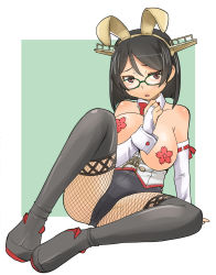 Rule 34 | 1girl, animal ears, arm support, black-framed eyewear, black eyes, black footwear, black hair, black leotard, black pantyhose, blunt ends, bob cut, boots, breasts, bridal gauntlets, collar, commentary, detached collar, fake animal ears, fishnet thighhighs, fishnets, frown, glasses, gloves, green background, half-closed eyes, headgear, kantai collection, kirishima (kancolle), large breasts, leaning to the side, leotard, looking at viewer, open mouth, pantyhose, pasties, playboy bunny, rabbit ears, ribbon-trimmed gloves, ribbon trim, sitting, solo, swept bangs, thigh boots, thighhighs, topless, underbust, uona telepin, white collar, white gloves, wrist cuffs