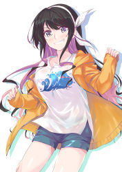 Rule 34 | 1girl, alternate costume, black hair, blue shorts, blush, breasts, grey eyes, grin, hairband, jacket, kantai collection, long hair, long sleeves, medium breasts, mikage takashi, multicolored hair, naganami (kancolle), outline, pink hair, shirt, shorts, simple background, smile, solo, two-tone hair, white background, white shirt