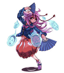 Rule 34 | 1girl, blue shirt, bow, bubble skirt, closed mouth, commentary, footwear bow, fox mask, full body, hata no kokoro, long hair, long sleeves, looking at viewer, mask, noh mask, oni mask, pink eyes, pink hair, plaid, plaid shirt, shirt, simple background, skirt, solo, sw (stevew), touhou, white background, white footwear