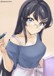Rule 34 | 1girl, bare shoulders, black hair, blue eyes, blue shirt, book, bow, breasts, brown background, closed mouth, collarbone, commentary request, glasses, hair ornament, hairclip, holding, holding pencil, long hair, looking at viewer, medium breasts, off-shoulder shirt, off shoulder, pencil, sakurajima mai, seishun buta yarou, shirt, sidelocks, simple background, skirt, solo, tasora, twitter username, very long hair, white bow, white skirt
