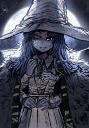 Rule 34 | 1girl, blue hair, cloak, colored skin, dress, elden ring, extra arms, full moon, fur cloak, grey skin, hat, highres, long hair, looking at viewer, moon, one eye closed, ranni the witch, seong (wltjdfnfn), smile, solo, white dress, witch hat