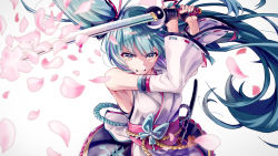 Rule 34 | 1girl, aqua hair, aqua nails, black gloves, butterfly ornament, cherry blossoms, clenched teeth, commentary request, detached sleeves, falling petals, fighting stance, fingerless gloves, floating hair, flower, gloves, half gloves, hatsune miku, highres, holding, holding sword, holding weapon, japanese clothes, k2pudding, katana, kimono, long hair, looking at viewer, nail polish, obi, petals, pink flower, rope, sash, sheath, solo, sword, teeth, twintails, upper body, v-shaped eyebrows, very long hair, vocaloid, weapon, white background, white kimono, white sleeves, yellow eyes, yin yang