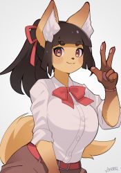 Rule 34 | 1girl, animal ear fluff, animal ears, belt, black hair, blunt bangs, blush, bow, bowtie, bracelet, brown eyes, buttons, collared shirt, female focus, fox ears, fox girl, fox tail, furry, furry female, hair ribbon, highres, jewelry, komena (ryuusui arumo), looking at viewer, original, pawpads, ponytail, red bow, red bowtie, red ribbon, ribbon, ryuusui arumo, shirt, shirt tucked in, signature, simple background, sleeves rolled up, smile, solo, tail, w, white background, white shirt