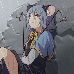 Rule 34 | 1girl, capelet, crying, crying with eyes open, damaged, dowsing rod, dress, kozakura (dictionary), nazrin, rain, red eyes, sad, silver hair, sitting, tears, thighs, torn clothes, touhou, wet