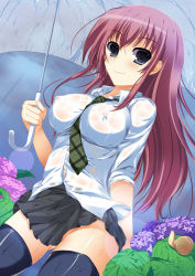 Rule 34 | 1girl, bad id, bad pixiv id, between breasts, black eyes, black thighhighs, breasts, covered erect nipples, flower, hydrangea, large breasts, long hair, looking at viewer, necktie, no bra, no panties, original, pleated skirt, red hair, see-through, skirt, smile, snail, solo, thighhighs, umbrella, watanuki kaname, wet, wet clothes