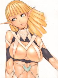 Rule 34 | 1girl, bare shoulders, blonde hair, breasts, cleavage, covered erect nipples, elf, fumio (rsqkr), green eyes, large breasts, original, pointy ears, sketch, solo, upper body
