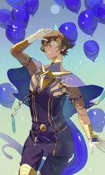 Rule 34 | 1boy, alternate eye color, aqua eyes, arjuna (fate), arjuna alter (fate), armlet, armor, balloon, belt, black hair, black pants, blue cape, blue capelet, blue horns, blue tail, cape, capelet, commentary request, cowboy shot, dark-skinned male, dark skin, fate/grand order, fate (series), gloves, gold armor, gold trim, gradient background, hair between eyes, hand up, highres, horns, indian clothes, light particles, looking away, male focus, myuzu0711, pants, shadow, short hair, sleeveless, smile, solo, teeth, vambraces, white gloves