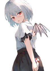 Rule 34 | 1girl, absurdres, alternate costume, bat wings, blush, box, breasts, clothing cutout, commentary request, cowboy shot, fang, from behind, from below, gift, highres, holding, holding box, holding gift, kogane ringo, looking at viewer, looking back, no headwear, open mouth, pleated skirt, red eyes, remilia scarlet, shirt, short hair, short sleeves, silver hair, simple background, skin fang, skirt, small breasts, solo, touhou, white background, white shirt, wings