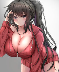 Rule 34 | 1girl, absurdres, blush, breasts, cleavage, covered erect nipples, gradient background, gradient eyes, grey background, grey eyes, highres, huge breasts, long hair, looking at viewer, mole, mole on breast, multicolored eyes, original, ponytail, pout, purple eyes, sera4, sweater, white background, wide hips