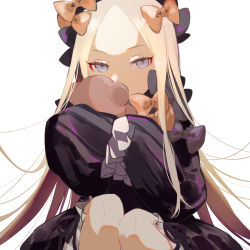 Rule 34 | 1girl, bad id, bad pixiv id, black bow, black dress, blonde hair, bloomers, bow, covered mouth, dress, fate/grand order, fate (series), hair bow, hands in opposite sleeves, head tilt, highres, long hair, long sleeves, looking at viewer, multiple hair bows, hugging object, orange bow, parted bangs, purple eyes, salem (fate/grand order), simple background, sitting, solo, stuffed animal, stuffed toy, sunahara (toki0707), teddy bear, tsurime, underwear, very long hair, white background, white bloomers