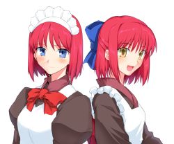 Rule 34 | 2girls, absurdres, apron, blue eyes, bow, commentary request, hair bow, halcon, highres, hisui (tsukihime), japanese clothes, kimono, kohaku (tsukihime), long sleeves, maid, maid headdress, mixed maids, multiple girls, open mouth, red hair, short hair, siblings, sisters, smile, translation request, tsukihime, twins, upper body, wa maid, white background, yellow eyes
