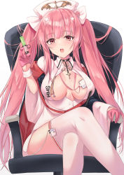 Rule 34 | 1girl, azur lane, black choker, breasts, center opening, chair, choker, crossed legs, dress, feet out of frame, gloves, hair ornament, half gloves, hat, highres, holding, holding syringe, id card, itaba atsushi, lanyard, long hair, looking at viewer, medium breasts, microdress, nurse, nurse cap, office chair, official alternate costume, open mouth, perseus (azur lane), perseus (unfamiliar duties) (azur lane), pink eyes, pink gloves, pink hair, simple background, sitting, solo, swivel chair, syringe, thighhighs, twintails, very long hair, white background, white dress, white hat, white thighhighs, x hair ornament