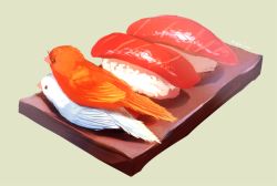 Rule 34 | animal focus, bad id, bad pixiv id, bird, commentary request, fish (food), food, food focus, grey background, manino (mofuritaionaka), nigirizushi, no humans, original, signature, simple background, sushi