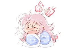 Rule 34 | &gt; &lt;, 1girl, blanket, blush, bow, unworn bow, chibi, commentary request, cover, fujiwara no mokou, hair bow, hair ribbon, jokanhiyou, long hair, motion lines, open mouth, pink hair, ribbon, simple background, sneezing, snot, solo, touhou, tress ribbon, wavy mouth, white background