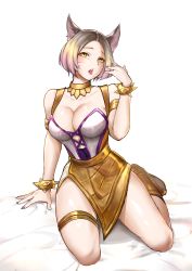 Rule 34 | 1girl, absurdres, ahri (league of legends), animal ears, arm support, bare shoulders, blonde hair, bracelet, breasts, brown hair, cleavage, collarbone, facial mark, fox ears, hand up, highres, jewelry, k/da (league of legends), k/da ahri, k/da ahri prestige edition, kneeling, large breasts, league of legends, multicolored hair, official alternate costume, parted bangs, saliva, short hair, simple background, solo, teeth, tongue, tongue out, two-tone hair, wei miao, whisker markings, white background