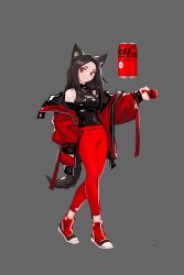 Rule 34 | 1girl, absurdres, animal ears, black hair, breasts, can, coca-cola, deel (rkeg), grey background, highres, holding, holding can, jacket, leotard, long hair, looking at viewer, medium breasts, off shoulder, open clothes, open jacket, original, pants, personification, red eyes, shiny clothes, smile, solo, tail, tight clothes, tight pants