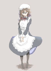 Rule 34 | 1girl, absurdres, brown hair, commentary, full body, glasses, green eyes, hat, highres, ikeshiki-chuujou, long hair, low-tied long hair, maid, maid cap, mob cap, original, simple background, solo