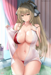 Rule 34 | 1girl, amagi brilliant park, antenna hair, bare shoulders, bikini, blush, breasts, brown eyes, brown hair, cleavage, collarbone, cyicheng, large breasts, long hair, looking at viewer, navel, ponytail, red bikini, sento isuzu, smile, solo, sweat, swimsuit, thighs