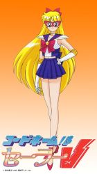 Rule 34 | 1990s (style), 1girl, aino minako, bishoujo senshi sailor moon, blonde hair, blue eyes, blue skirt, bow, choker, codename wa sailor v, copyright name, copyright notice, elbow gloves, female focus, full body, gloves, gradient background, hair bow, high heel, high heel shoes, high heels, legs, long hair, long legs, looking at viewer, magical girl, mask, midriff, miniskirt, official art, orange background, pleated skirt, retro artstyle, sailor v, simple background, skirt, solo, standing, very long hair