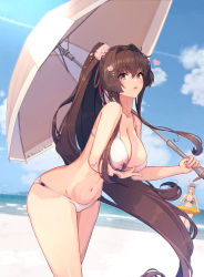 Rule 34 | 2girls, alternate costume, bikini, blush, breasts, brown eyes, brown hair, cherry blossoms, cleavage, cloud, floral print, flower, hair flower, hair intakes, hair ornament, high ponytail, highres, himeyamato, holding, holding umbrella, iowa (kancolle), kantai collection, large breasts, long hair, multiple girls, navel, ocean, open mouth, outdoors, ponytail, sidelocks, solo focus, swimsuit, twitter username, umbrella, very long hair, yamato (kancolle), yamato kai ni (kancolle)