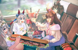 Rule 34 | 4girls, animal ears, black shorts, blue eyes, blue hairband, blue skirt, blush, bow, bowtie, breasts, brown coat, brown hair, closed eyes, closed mouth, coat, commentary request, ear covers, feet out of frame, fish head, food, fox mask, full stomach, gloom (expression), green eyes, grey hair, hair between eyes, hairband, highres, holding, horse ears, horse girl, horse tail, inari one (umamusume), large breasts, lettuce, long hair, long skirt, mask, mask on head, meat, medium breasts, multiple girls, oguri cap (umamusume), open clothes, open coat, open mouth, outie navel, pink bow, pink bowtie, purple eyes, reihou19, ribs (food), sandwich, shirt, shorts, skewer, skirt, smile, submarine sandwich, super creek (umamusume), tail, taking picture, tamamo cross (umamusume), tomato, tomato slice, train interior, twintails, twitter username, umamusume, very long hair, white shirt, yellow shirt