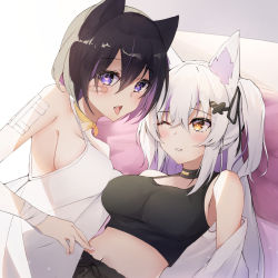 Rule 34 | 2girls, absurdres, animal ear fluff, animal ears, bandaged arm, bandages, bandaid, bandaid on arm, bandaid on face, bare shoulders, black choker, black hair, black ribbon, black shirt, blush, breasts, camisole, cat ears, choker, colored inner hair, commentary request, crop top, fang, hair between eyes, hair ornament, hair ribbon, hand on another&#039;s stomach, heart, heart-shaped pupils, highres, kurohikage, long hair, looking at another, looking at viewer, lying, medium breasts, midriff, multicolored hair, multiple girls, nail polish, navel, off shoulder, on back, one eye closed, open mouth, original, parted lips, purple hair, ribbon, shirt, short hair, silver hair, streaked hair, symbol-shaped pupils, tongue, tongue out, two side up, white shirt, yellow choker, yellow eyes