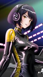 1girl absurdres alternate_costume black_bodysuit black_hair bodysuit breasts commentary_request contemporary dj electro_symbol_(genshin_impact) genshin_impact headphones highres indoors kstrx-tca kujou_sara large_breasts latex latex_bodysuit looking_at_viewer mixing_console parted_lips phonograph red_lips short_hair solo turntable two-tone_bodysuit upper_body yellow_bodysuit yellow_eyes